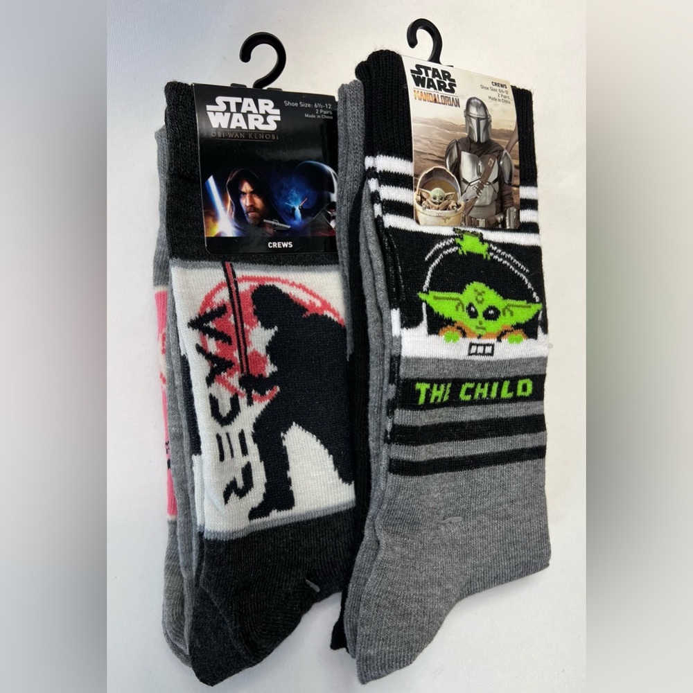 2 Packs Star Wars Mandalorian & Obi-Wan Kenobi Crew Socks Men’s Size:6.5 - 12